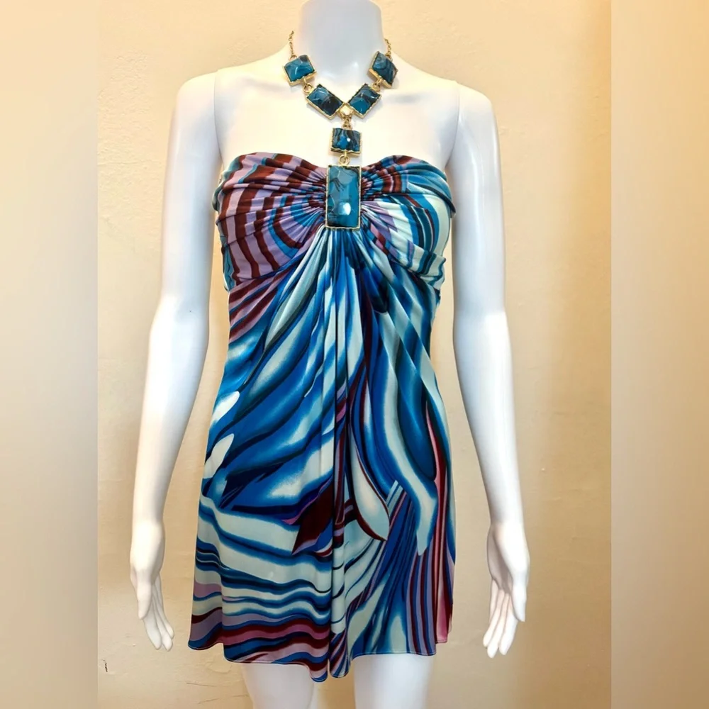 SKY Statement Necklace Swirl Print Strapless Mini Dress - Size Small - Picture 5 of 12